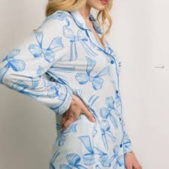 In My Sundays Blue Bow Long Pajama Set - XL - Picture 2 of 5